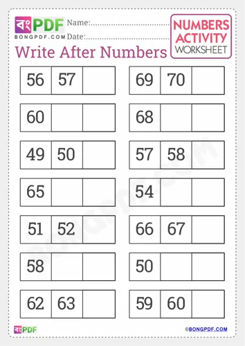Free Learn Write After Numbers English Worksheet Download