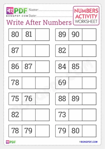 Free Learn Write After Numbers English Worksheet Download