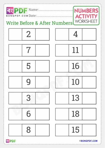 Free Learn Write Before And After Numbers English Worksheet Download
