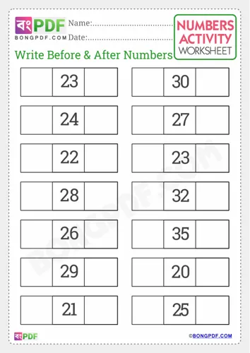 Free Learn Write Before And After Numbers English Worksheet Download