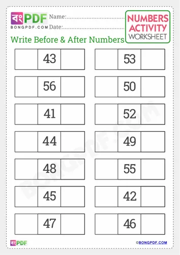 Free Learn Write Before And After Numbers English Worksheet Download