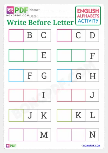 Free Learn Write Before English Alphabets Worksheet Download