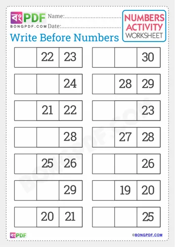 Free Learn Write Before Numbers English Worksheet Download