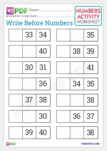 Free Learn Write Before Numbers English Worksheet Download