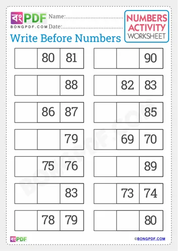 Free Learn Write Before Numbers English Worksheet Download