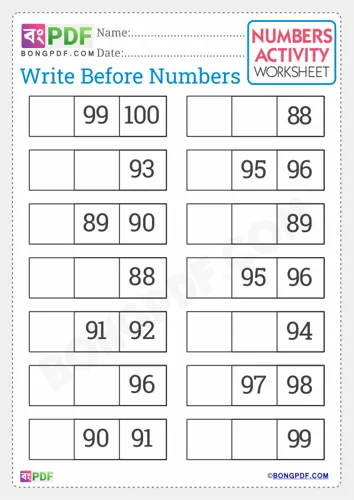Free Learn Write Before Numbers English Worksheet Download