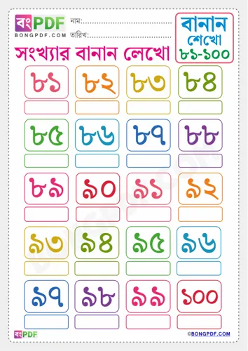 Free Learn Write Bengali Numbers Spellings To Worksheet Download
