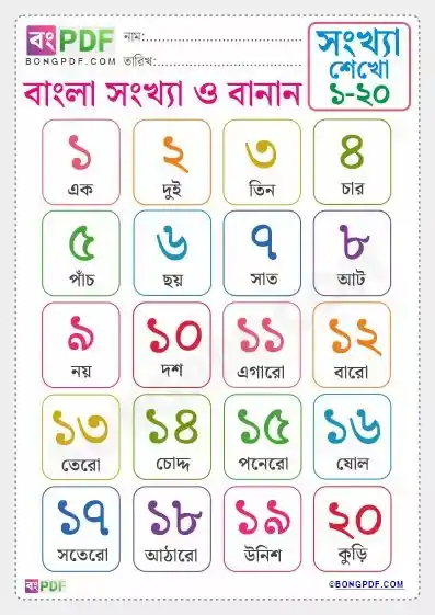 Bengali Numbers 1-20 Worksheets PDF Download