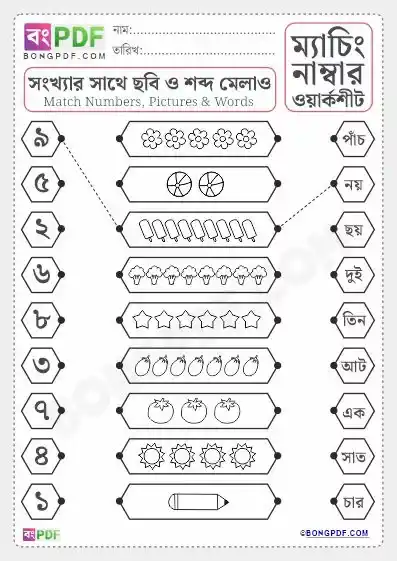 Match Pictures and Numbers Bengali Worksheets