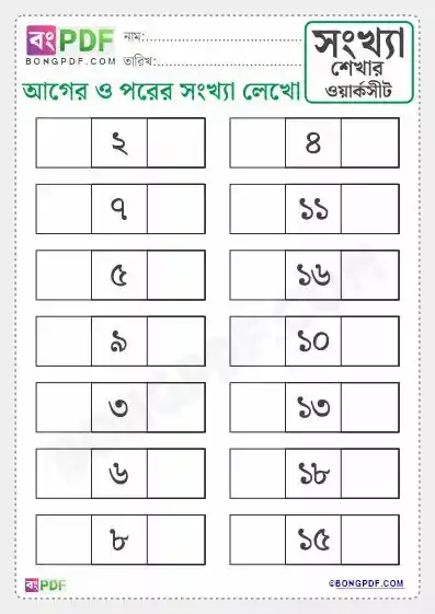 Write Before and After Numbers Bengali Worksheets