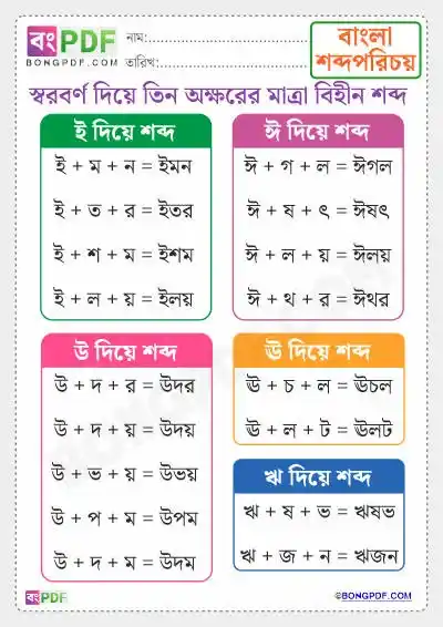 Three Letters Bengali Vowels Words Worksheets